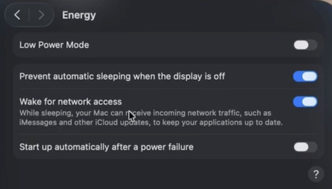 macOS Energy settings — Prevent automatic sleeping and Wake for network access enabled